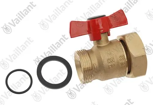 Rohrventil mit rotem Handgriff, aus Messing, mit Dichtungsringen. Von der Marke Vaillant.